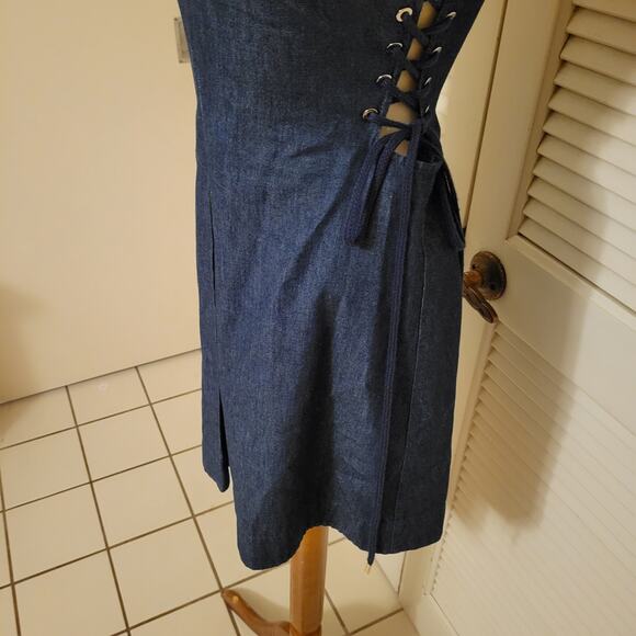 Deep V-Neck Corset Tie Cotton Denim Mini Dress Intermix Size S - Picture 3 of 8